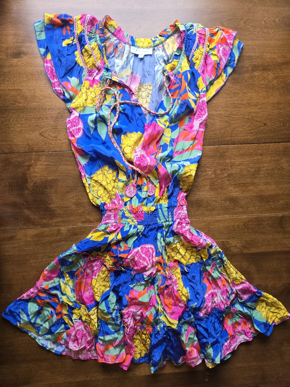TAJ by Sabrina Crippa Boho Tropical Mini Dress Small Smocked Waist Tassel Tie